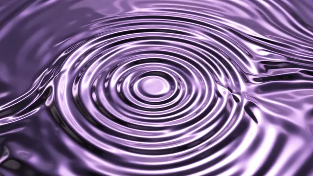 Concentric ripples spread across a glossy liquid chrome surface lit with soft violet light