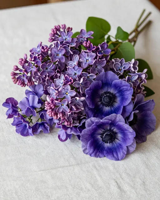 Purple lilac, anemone, and sweet pea bouquet resting on a light linen tablecloth