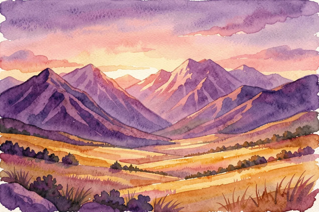 Watercolor landscape of purple mountain ranges above a sunlit golden valley at colorful sunset