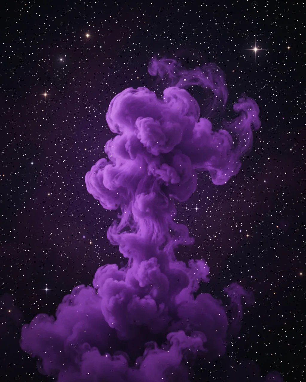 A billowing violet nebula rises like smoke against a dark star-filled cosmic sky