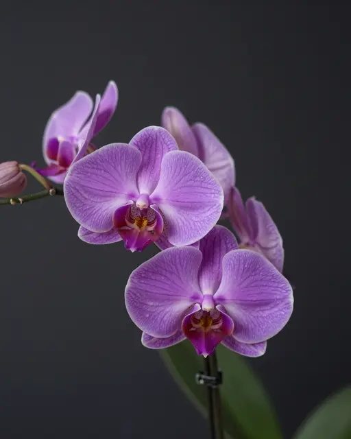 A sprig of purple phalaenopsis orchid blooms against a solid dark gray background