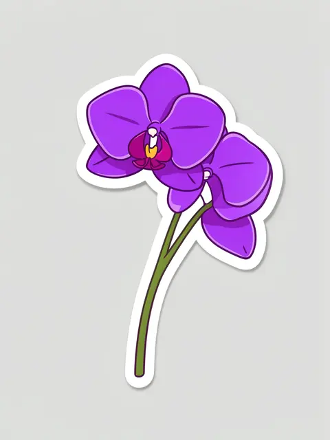 Flat cute illustration die-cut sticker of a purple orchid with a thick white border on a light gray background