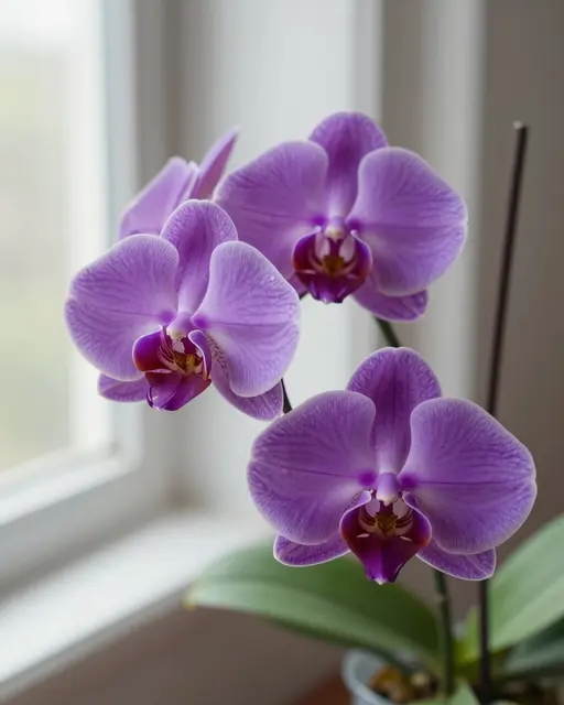 Close-up of vibrant purple moth orchid blooms in soft natural window light next to a sheer curtained window
