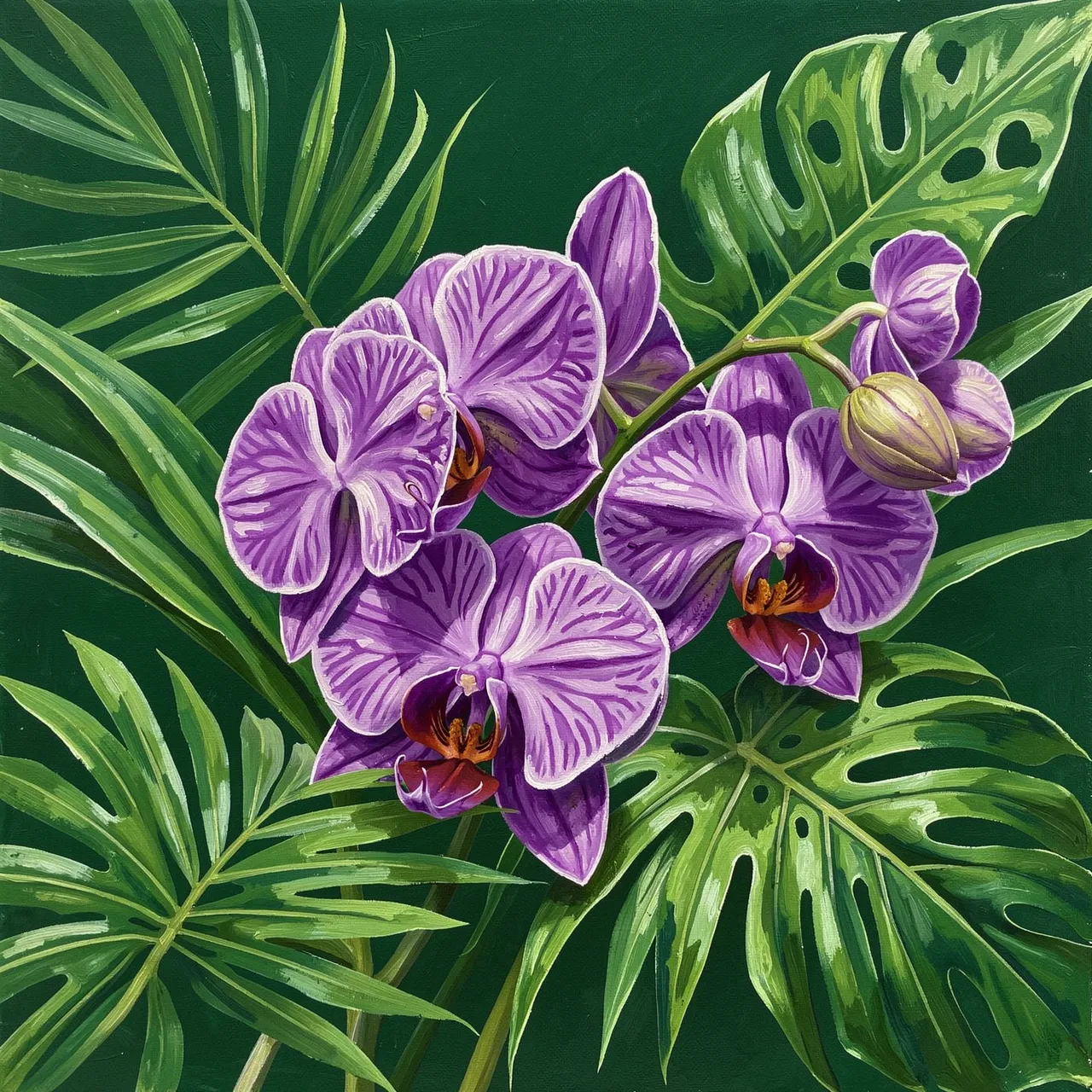 Gouache painting of purple moth orchids and tropical foliage on a deep dark green background