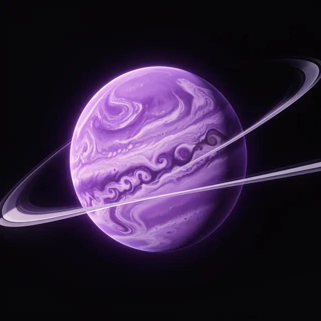 A glowing purple gas giant with swirling storm patterns and thin bright rings floats in dark empty space