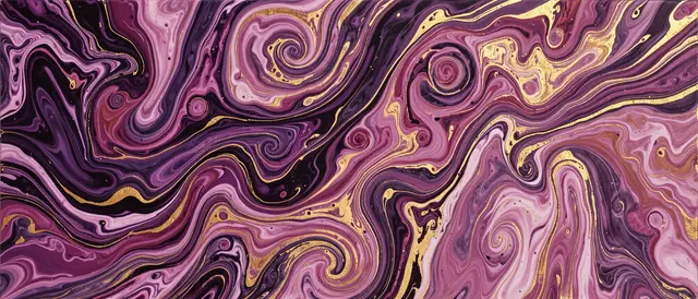Swirling fluid acrylic pour pattern with plum, rose, and gilded gold flowing currents across an ultrawide frame