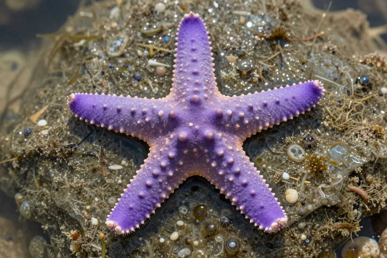 A bumpy vibrant purple sea star rests on wet rocky substrate inside a shallow coastal tide pool.