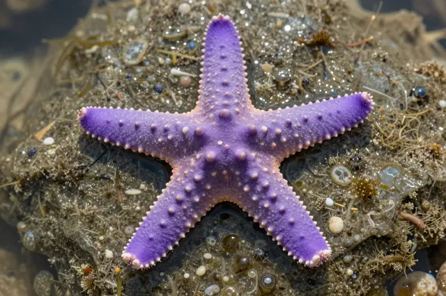 A bumpy vibrant purple sea star rests on wet rocky substrate inside a shallow coastal tide pool.