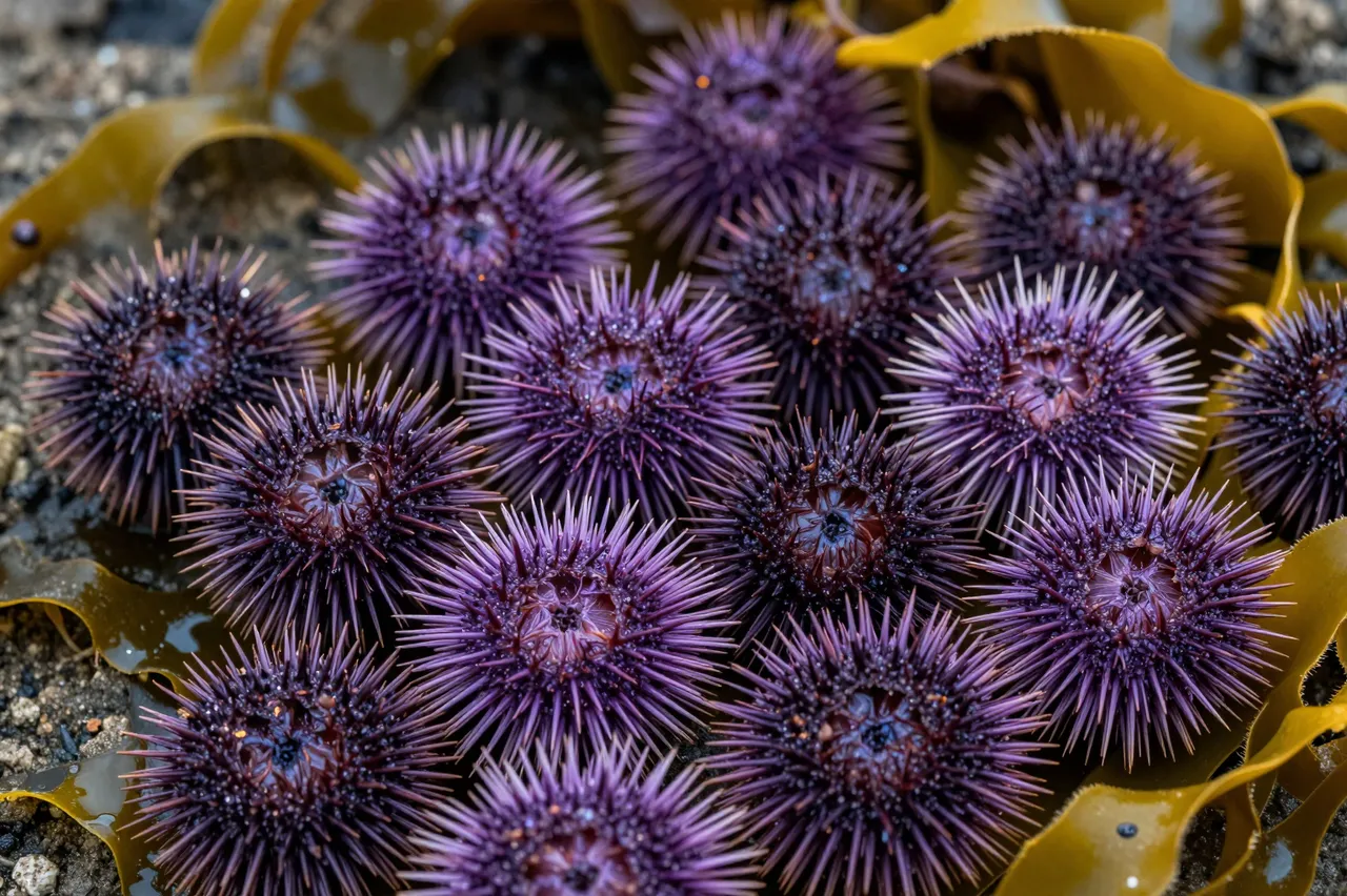A cluster of spiny purple sea urchins rests on wet rocky ground surrounded by golden kelp fronds