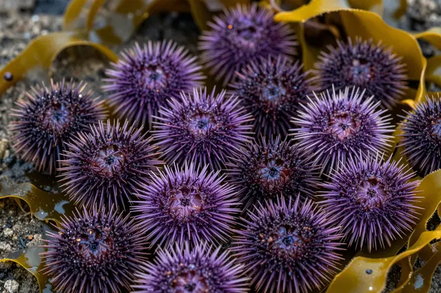 A cluster of spiny purple sea urchins rests on wet rocky ground surrounded by golden kelp fronds