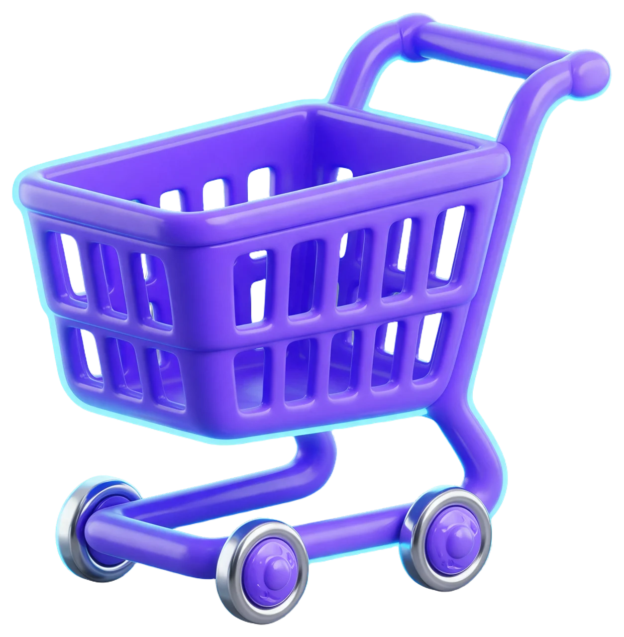 Glossy purple 3D shopping cart with a soft cyan edge glow, chrome wheels, viewed at a three-quarter angle