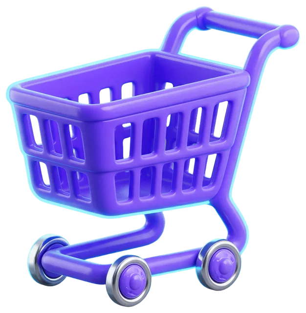 Glossy purple 3D shopping cart with a soft cyan edge glow, chrome wheels, viewed at a three-quarter angle