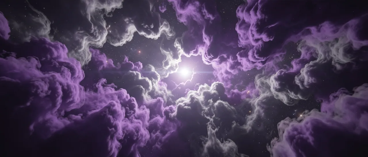 Billowing violet and silver cosmic nebula gas glows around a central hidden star in dark deep space