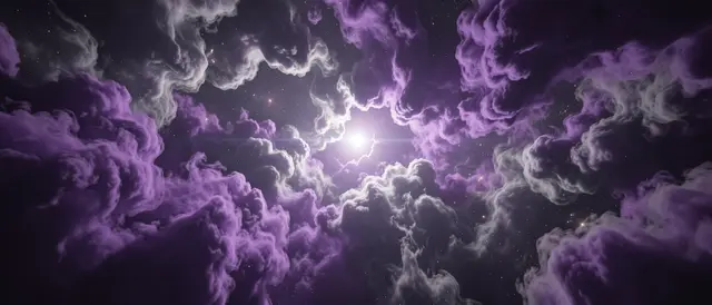 Billowing violet and silver cosmic nebula gas glows around a central hidden star in dark deep space