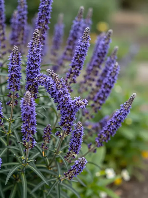 Sharp close-up of clustered purple spiked flower stalks with a soft blurred summer garden background