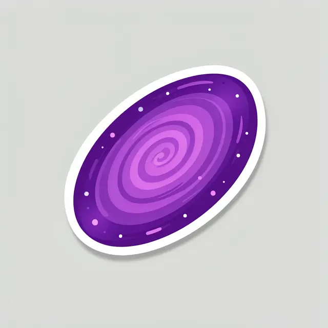 A die-cut sticker illustration of a purple spiral galaxy with a white border rests on a light gray background