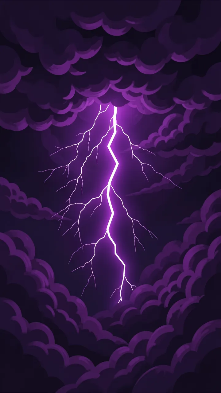 Bright glowing lightning bolt cuts through dense dark purple storm clouds