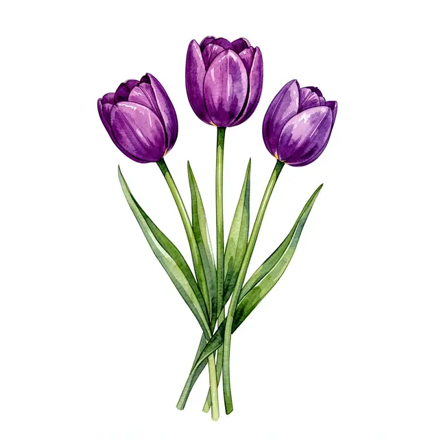 A watercolor illustration of three purple tulips with long green stems on a plain white background