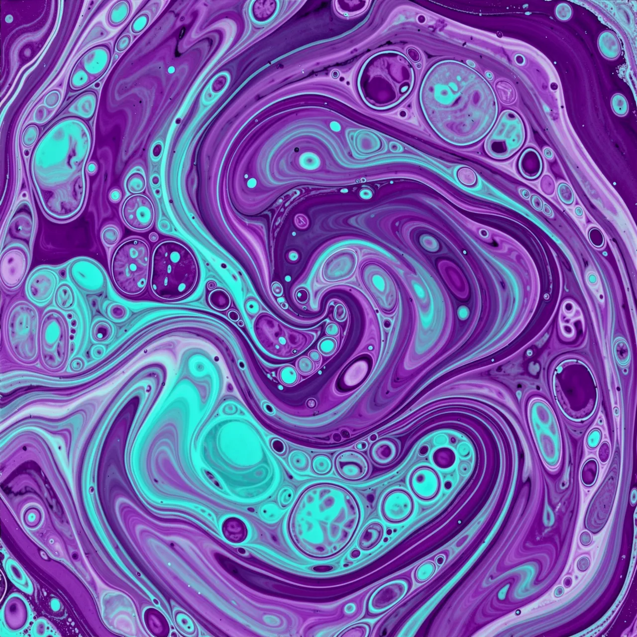 Vibrant purple and turquoise fluid art with swirling marbled patterns and circular cell formations