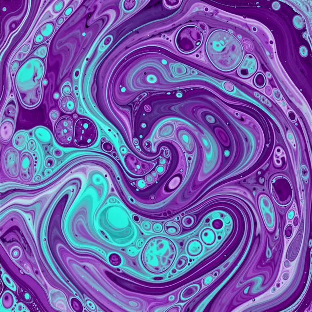 Vibrant purple and turquoise fluid art with swirling marbled patterns and circular cell formations