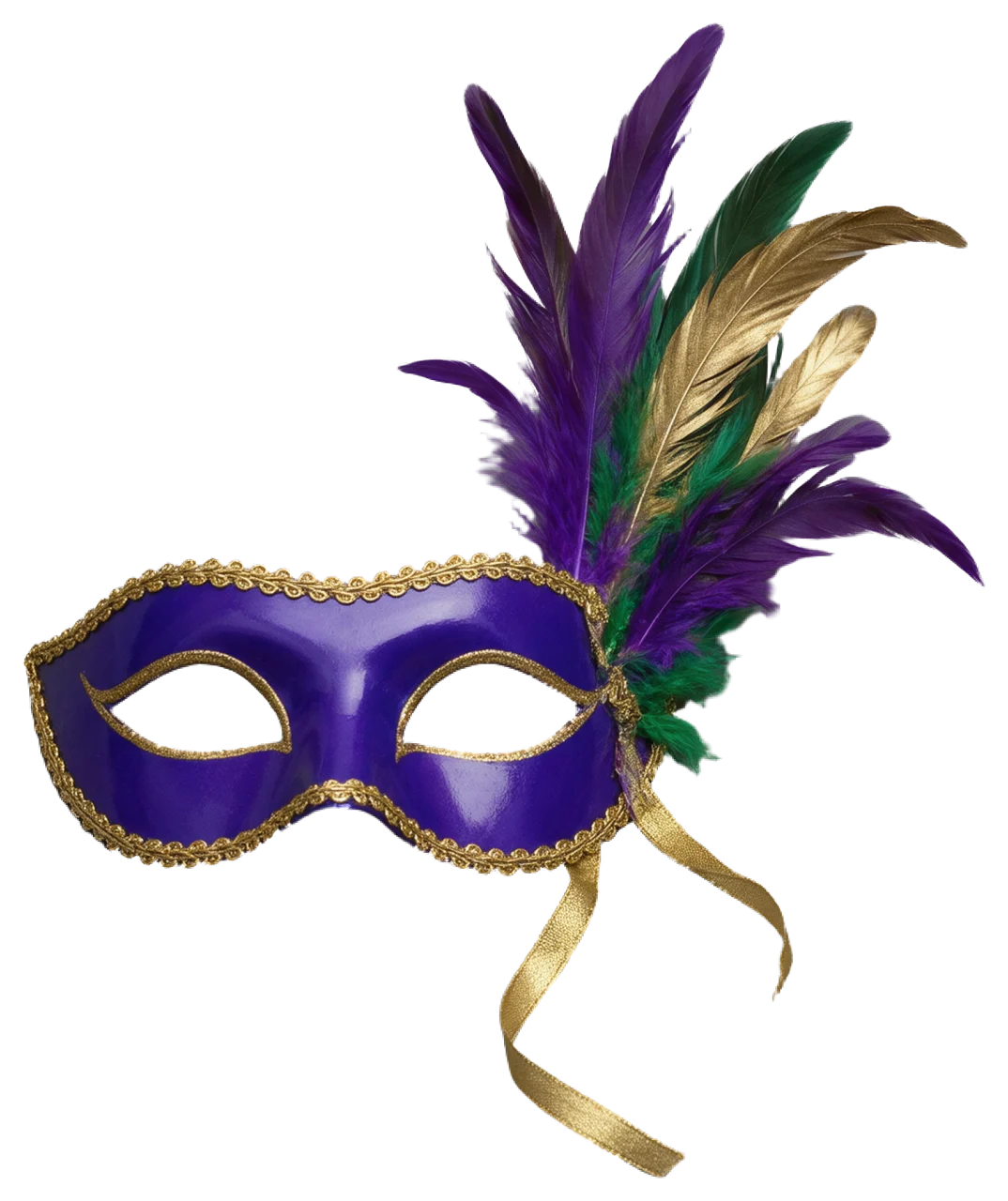 Glossy purple Venetian eye mask with gold filigree trim, feather plumes and trailing gold ribbon