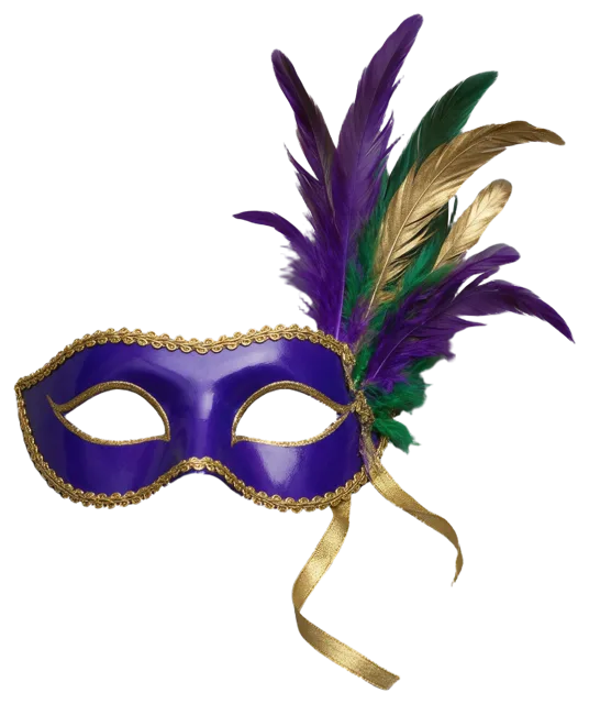 Glossy purple Venetian eye mask with gold filigree trim, feather plumes and trailing gold ribbon
