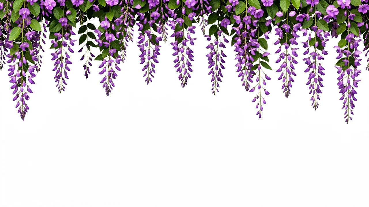Dangling purple flowering vine clusters form a top border against a plain empty white background