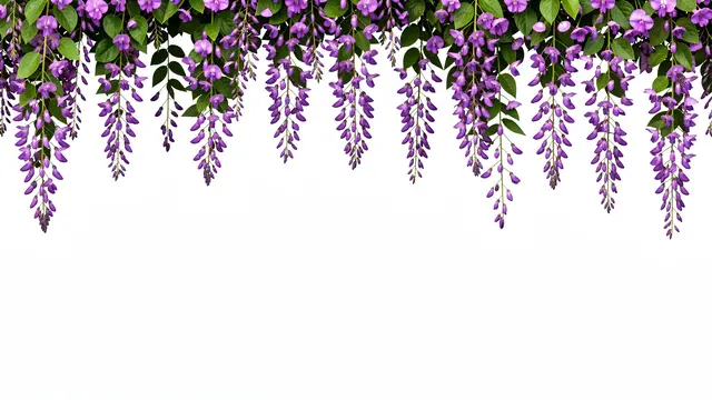 Dangling purple flowering vine clusters form a top border against a plain empty white background