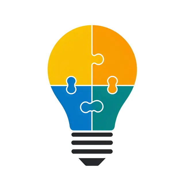 Flat vector icon of a light bulb constructed from interlocking colored puzzle pieces