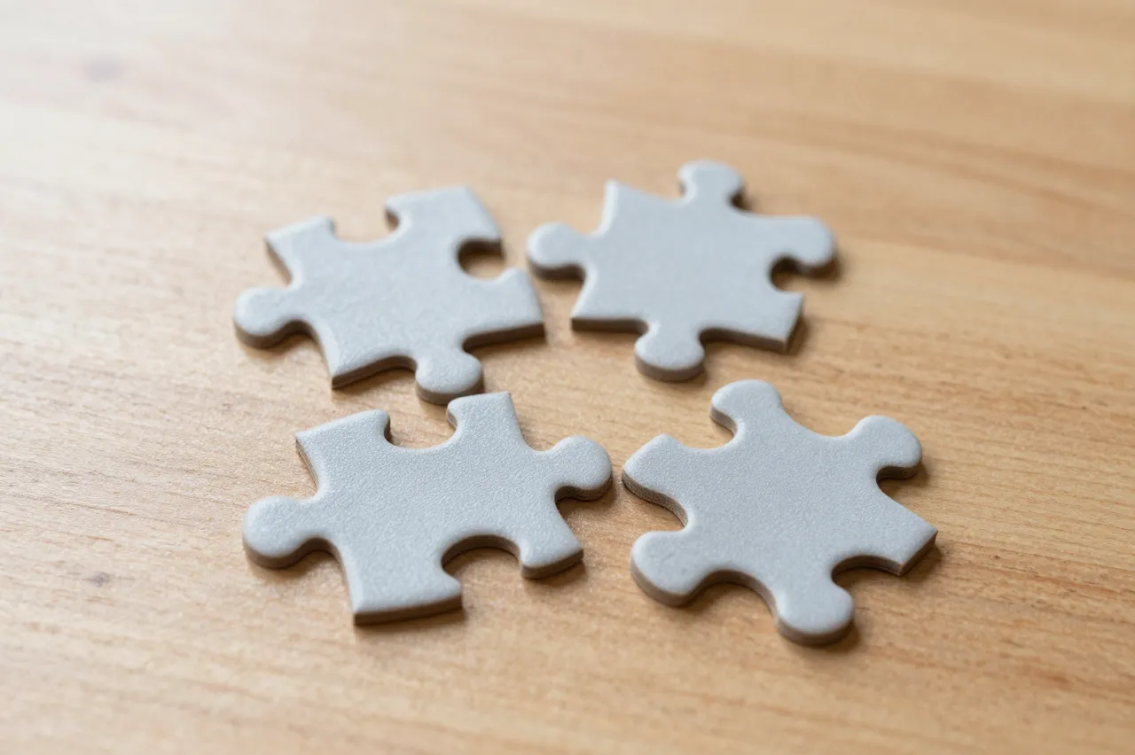 Four plain gray jigsaw pieces rest loosely arranged on a light brown wooden tabletop.