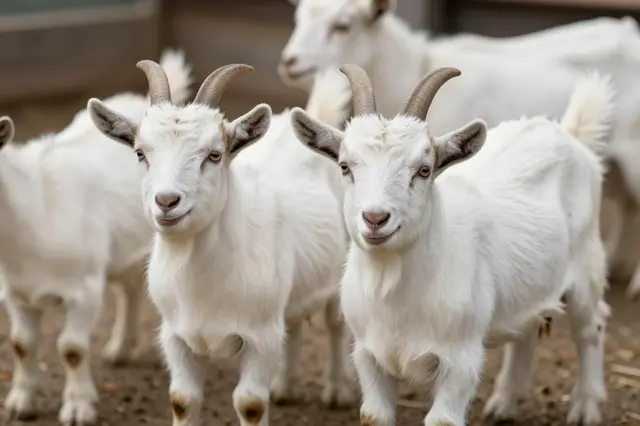Group of fluffy white pygmy goats stand on dirt farm ground facing the camera