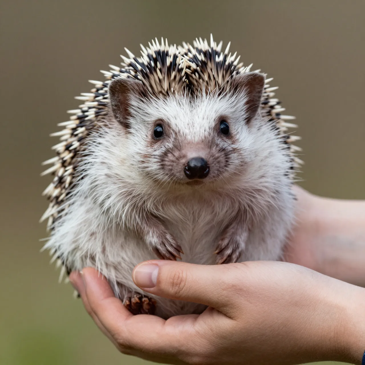 An African pygmy hedgehog is gently held in a pair of adult hands, facing the camera.