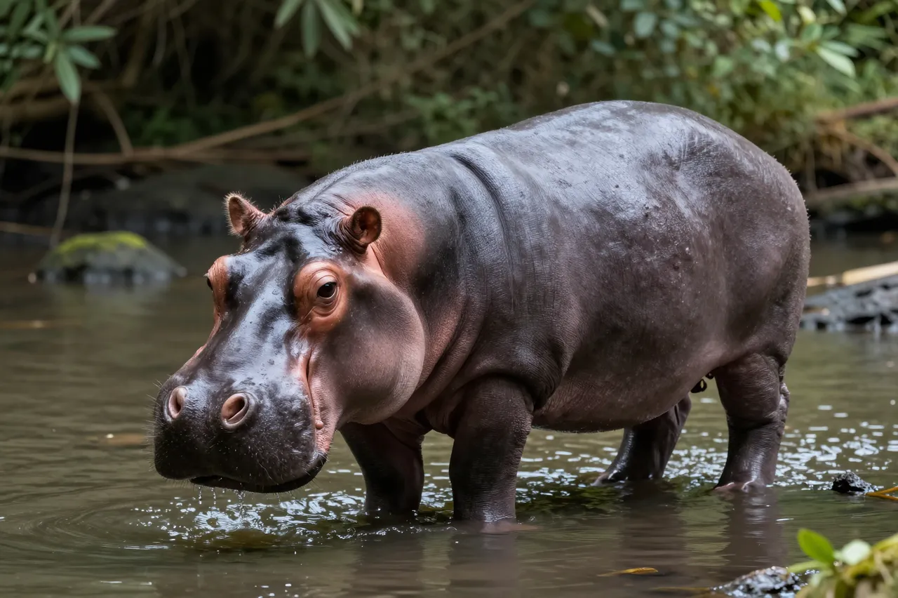 A wet pygmy hippopotamus stands partially submerged in shallow forest stream water facing the camera.