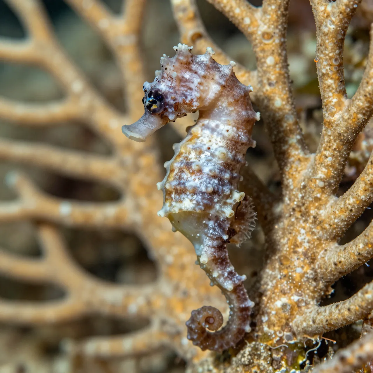Close-up macro shot of a patterned pygmy seahorse perched on a gorgonian sea fan