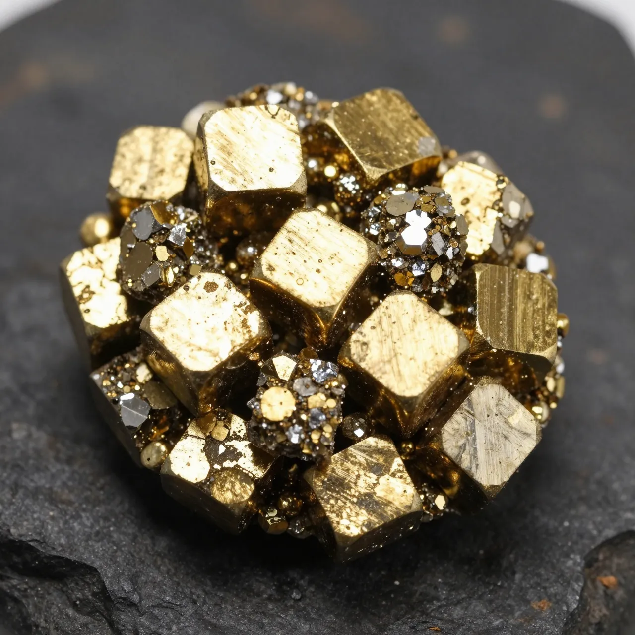 Macro close-up of clustered brassy gold pyrite cube crystals resting on dark rough rock