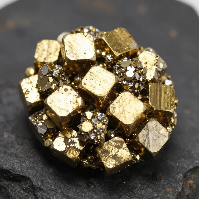 Macro close-up of clustered brassy gold pyrite cube crystals resting on dark rough rock