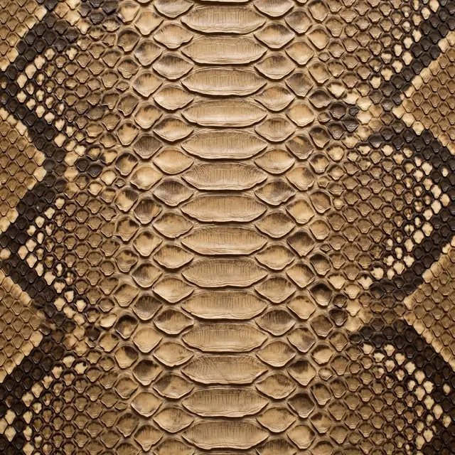 Full frame close-up of overlapping tan and brown python snakeskin leather texture