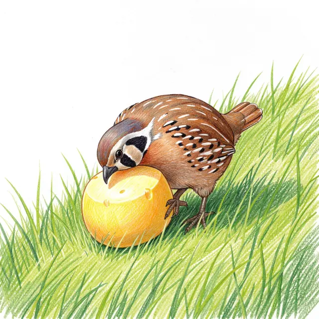 Colored pencil drawing of a patterned quail resting against a round cheese block on sloped green grass