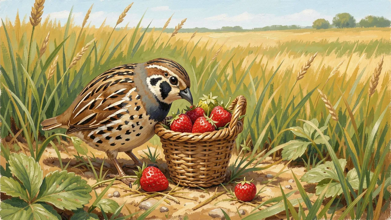 Gouache painting of a patterned quail standing next to a small woven basket of wild strawberries at a field edge