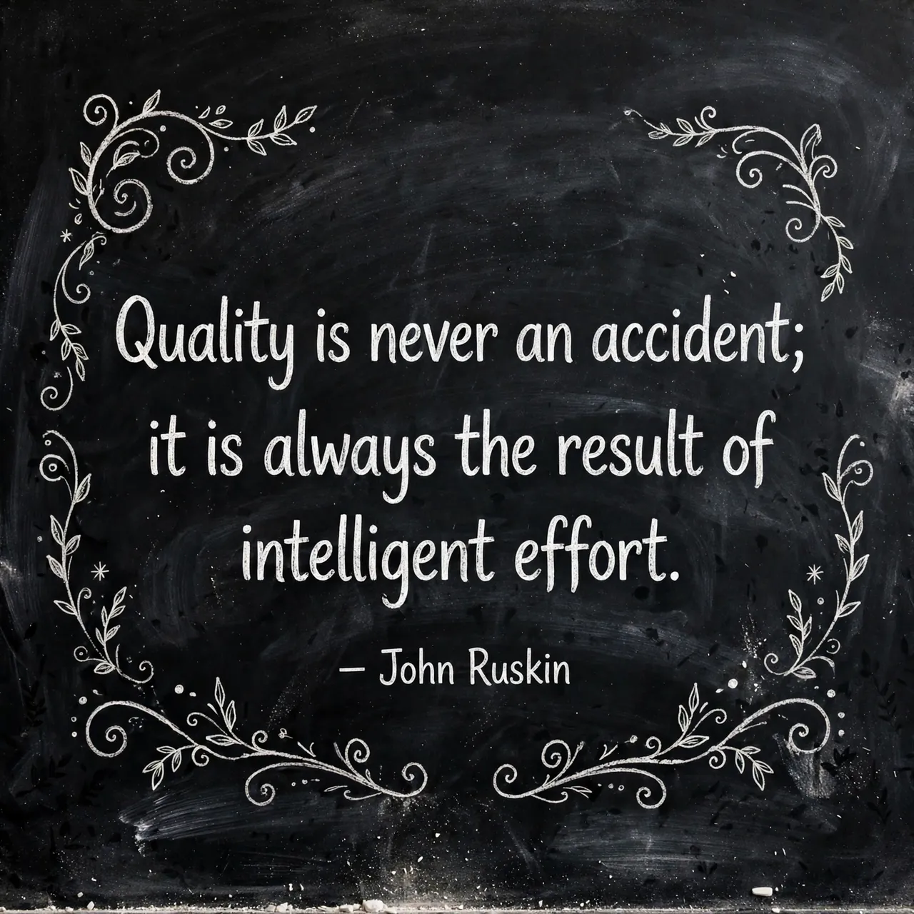 White chalk lettering of the John Ruskin quote surrounded by hand drawn flourishes on a dark chalkboard