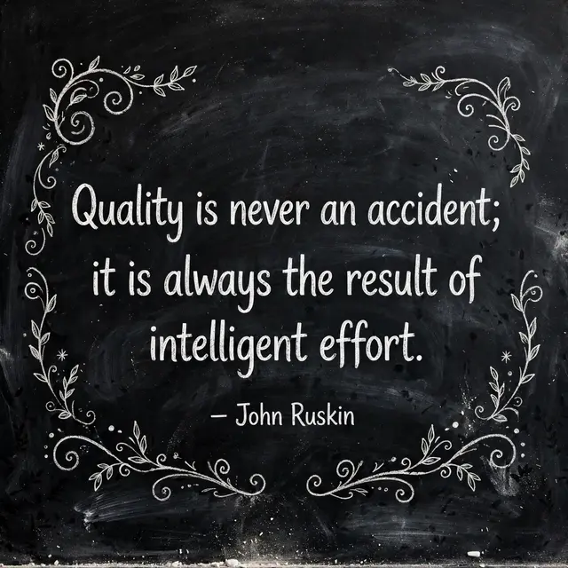 White chalk lettering of the John Ruskin quote surrounded by hand drawn flourishes on a dark chalkboard