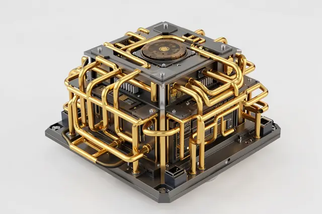 3D render of a cubic quantum computer core crisscrossed with shiny golden cooling tubes against a plain light gray background