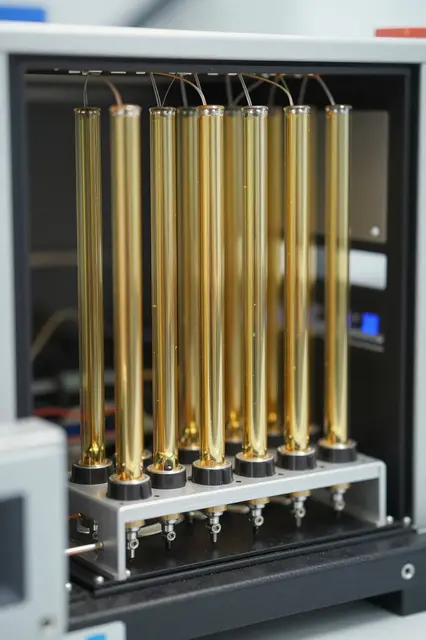 Close-up of a lab apparatus with aligned glossy golden vertical tubes inside a rackmount electronics enclosure
