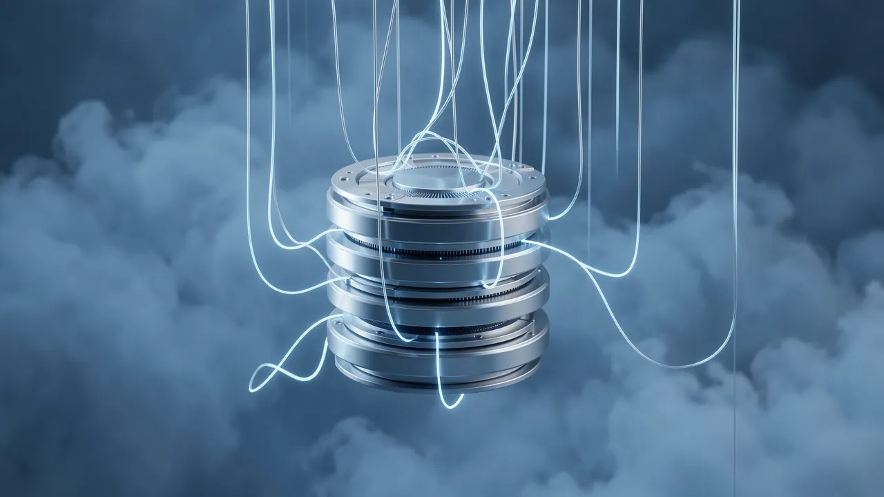 Stacked silver discs connected by glowing wires float surrounded by cool blue fog