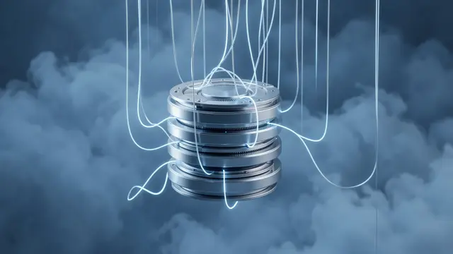 Stacked silver discs connected by glowing wires float surrounded by cool blue fog