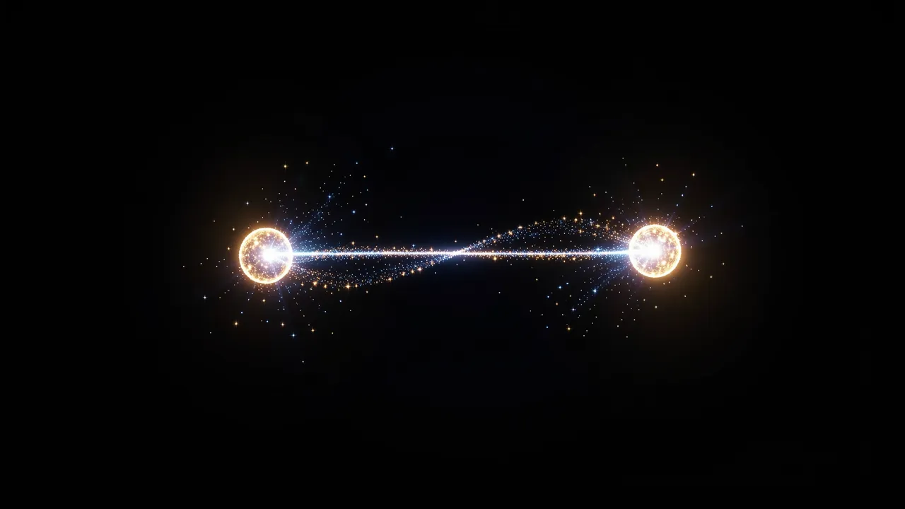 Two glowing spherical particles connected by a shimmering light thread against a dark void