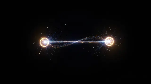 Two glowing spherical particles connected by a shimmering light thread against a dark void