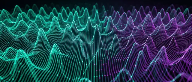Glowing teal and purple wireframe standing waves stretch across a dark background in a 3D field