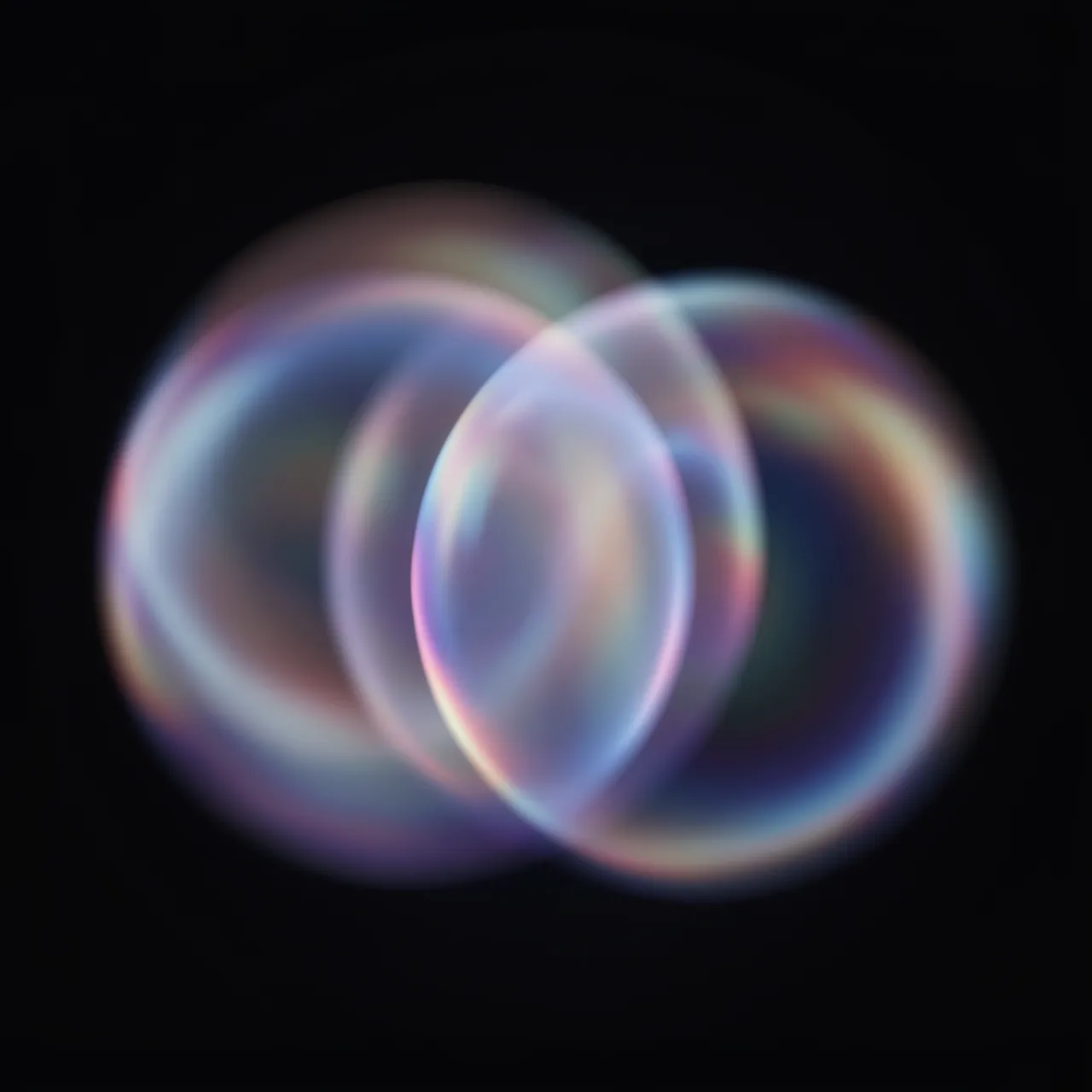 Overlapping iridescent glowing translucent sphere copies float against a solid black background