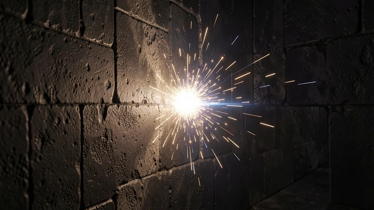 A bright spark of light emerges from a thick dark stone wall as a particle tunnels through solid material